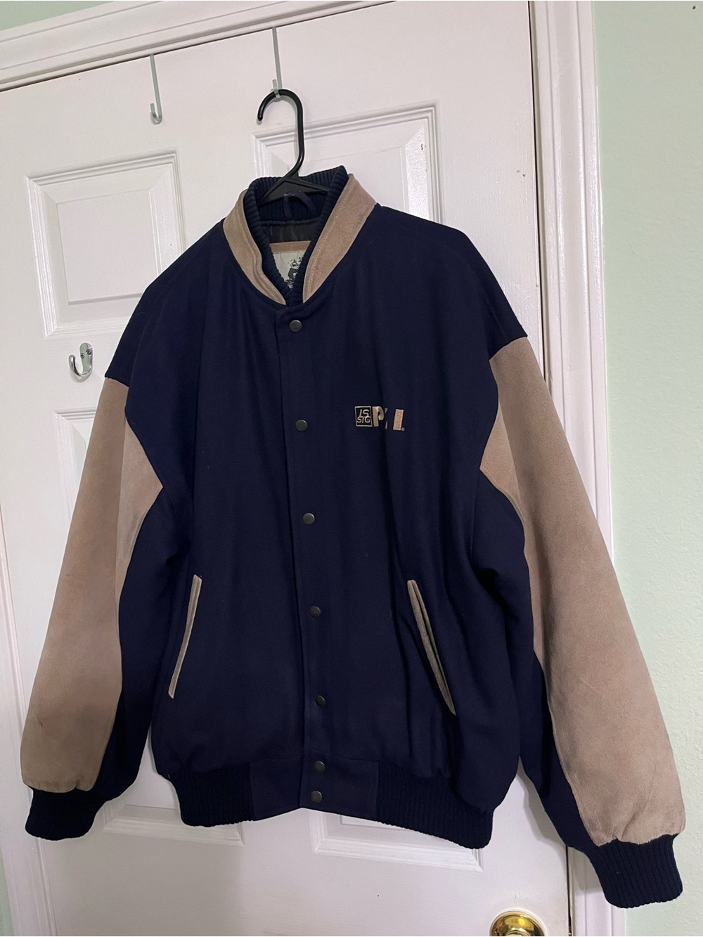 Vintage Burk’s Bay Wool Leather Varsity Jacket Mens L Navy Tan Bomber